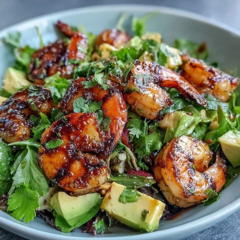 Grilled shrimp and mango avocado salad with chili-lime vinaigrette, colorful tropical dish with fresh greens.  