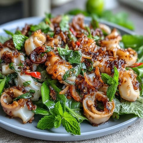 Tender squid rings tossed with chilli-lime dressing over mixed greens and crunchy vegetables.  