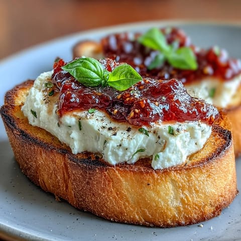 Bruschetta z serem kozim i konfiturą z chili na złocisto upieczonych kromkach bagietki.  