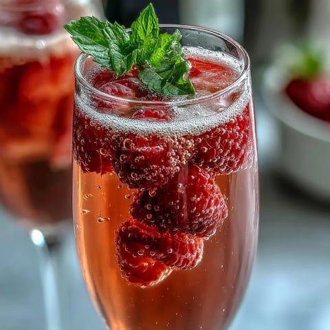 Galentines Brunch Strawberry Bellini Bar z serii świeżych truskawek i błyszczącego prosecco w eleganckich kieliszku do szampana.
