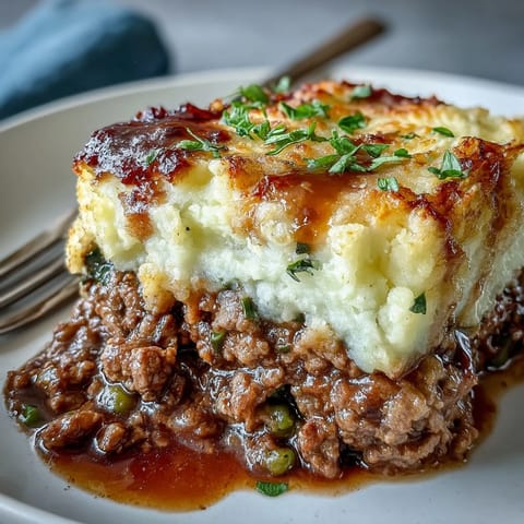 Pyszny pasztecik pasterski z mięsem mielonym i warzywami, przykryty kremową, złocistą płatką z kalafiora.