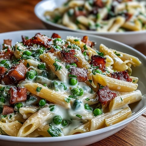 Kremowe makaronowe danie z groszkiem, szparagami i kawałkami szynki w złotej szynce sosu.  