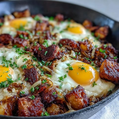 Złocista patelnia z corned beef hash, zarumienionymi ziemniakami, zielonymi paprykami i jajkami śluskiem.  