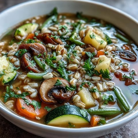 Pyszna, gęsta zupa jarzynowa z kuskusem i grzybami, pełna kolorowych warzyw i aromatycznych ziół, idealna na zimowe dni.