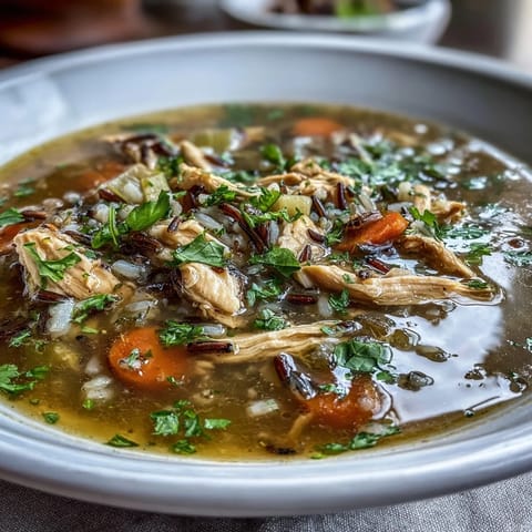 Pyszna zupa z kurczakiem i dziką ryżem z czerwonej marchewką, idealna na chłodne dni.