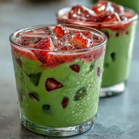Żywy koktajl matcha z truskawką, warstwowany z lodem i mlekiem kokosowym, idealny na ciepłe dni.