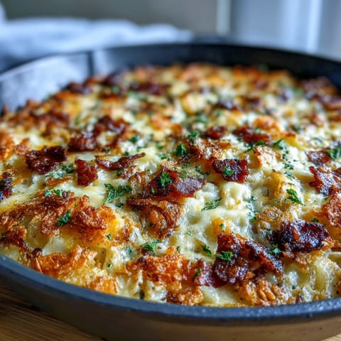 Patelnia na śniadanie z ziemniakami, szynkiem i serowym sosem, upieczona z chrupiącym farszem.  