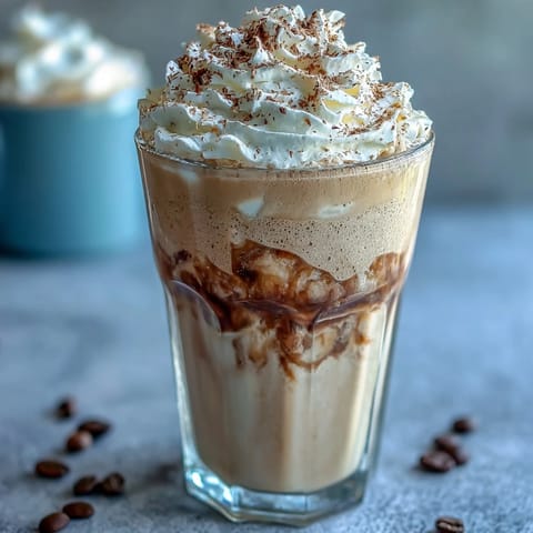 Pyszny, kremowy frappuccino waniliowy z migdałowym mlekiem i prawdziwą fasolką waniliową w wysokim szklance.