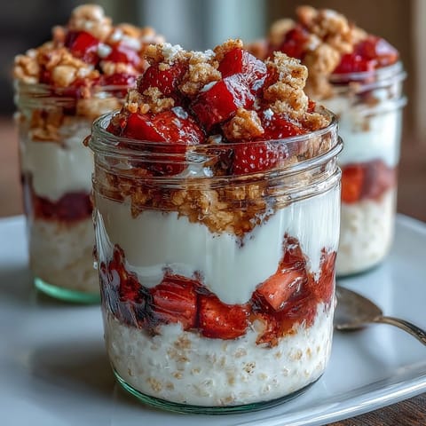 1. Creamy overnight oats layered with fresh strawberries, a touch of cream cheese, and crunchy graham cracker topping for a cheesecake-inspired breakfast.