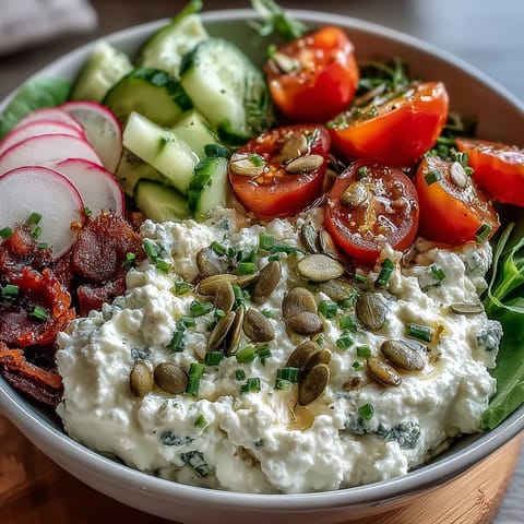 Zdjęcie zupy jarzynowej z serkiem wiejskim, świeżymi warzywami i ziołami, idealne na pełnowartościowy śniadanie.