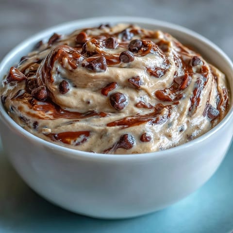 Zbilansowany i białkowaty dip z serka wiejskiego z czekoladowymi kulkami, podawany z sezonowymi owocami.  