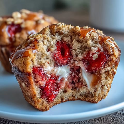 Złote muffinki z truskawkami i greckim jogurtem, posypane płatkami owsianymi, pachnące świeżością i prostotą.