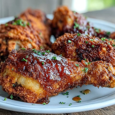 Piekarnicze kawałki kurczaka z chrupiących mączki, podane z intensywnie czerwonymi kroplami gorącego miodu.