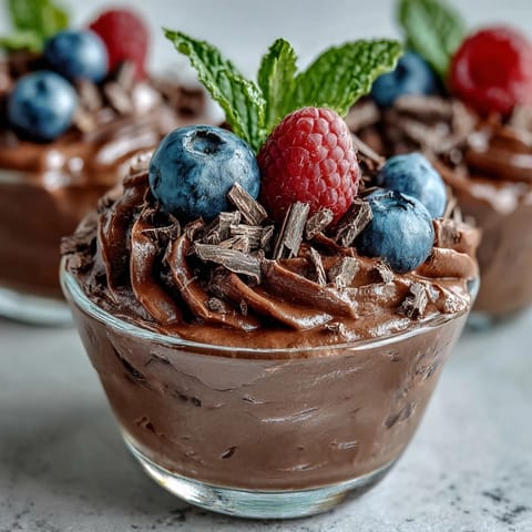 Pyszna i białkowa mousse czekoladowa z serka wiejskiego, podawana z bogatą mieszanką świeżych owoców.  