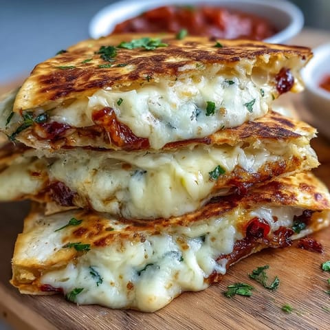 Mini quesadilla triangles with salsa on a white plate, golden and crisp with melted cheese, served alongside fresh tomato salsa.