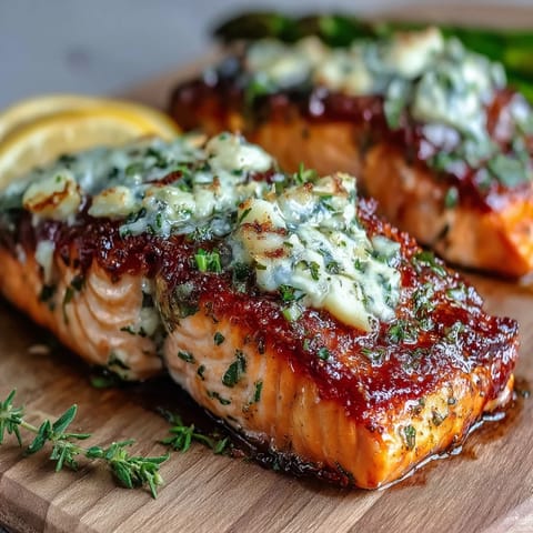 Złociste filety łososia z kiełkami szparagów zapiekane w masłu czosnkowo-cytrynowym.  