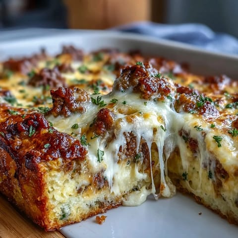 Śniadaniowa kasza z kiełbasą i jajkami, gotowana w piekarniku do złotego koloru.