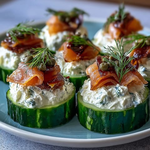 Ośmiorne, świeże kawałki ogórku z kremowym serem i łososiem wędzonym, idealne na lato.