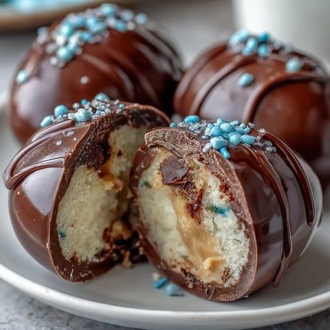 Domowe jajka z masłem orzechowym w czekoladzie, ozdobione pestkami, gotowe do podawania.