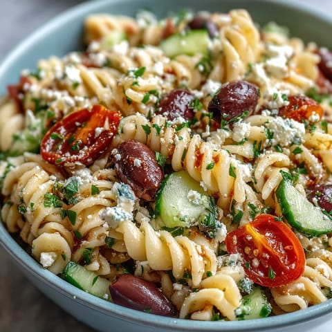 Zdjęcie kolorowej sałatki greckiej z makaronem, pomidorami cherry, oliwkami i serem feta, podanej w dużej misce.