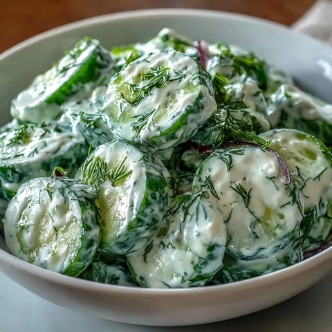 Świeża sałatka ogórkowa z koperkiem i jogurtem greckiem z pokrojonymi w plasterki ogorkami w kremowym sosie jogurtowym.