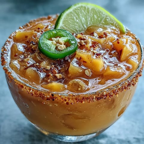 Orzeźwiający {Fricy Spicy Mango Margarita Slushie bezalkoholowy} w kieliszku, idealny na gorące dni.