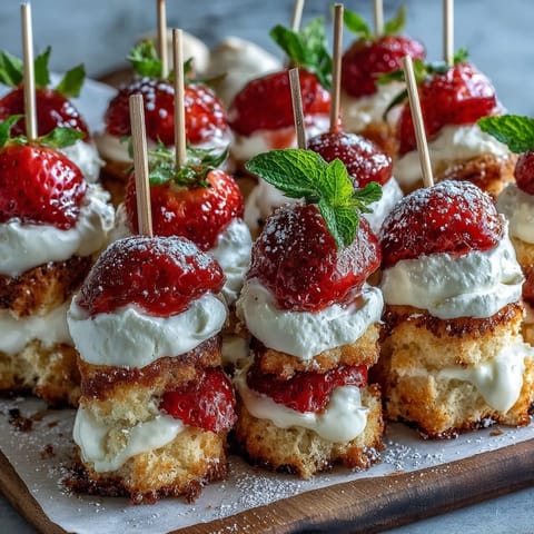 Mini Strawberry Shortcake Bites on a skewer, showcasing fresh berries and cream.
