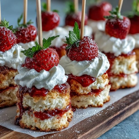 Delightful mini strawberry shortcake bites skewers, perfect for a summer dessert.