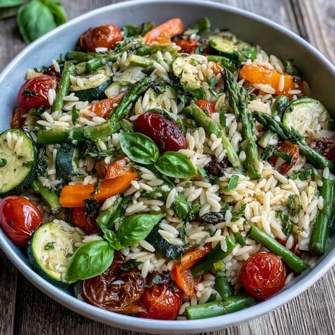 Orzo Primavera z kolorowymi warzywami, gotowe do podania na wiosennym obiedzie.