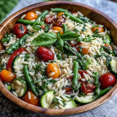 Zdjęcie dania Orzo Primavera, ukazujące jego świeże, letnie warzywa i kuszącą konsystencję.