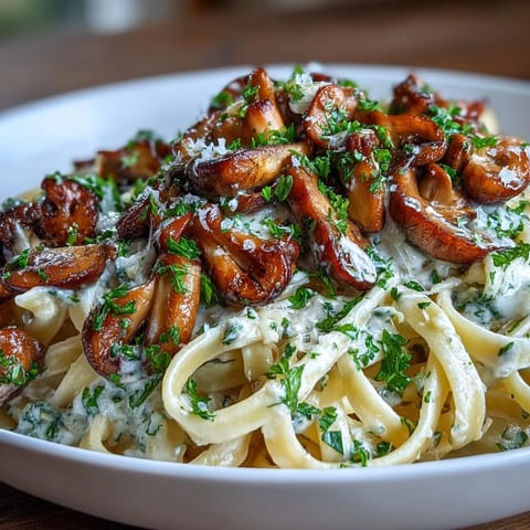 Cremowy makaron z grzybami, bogaty sos śmietanowy i parmezan.