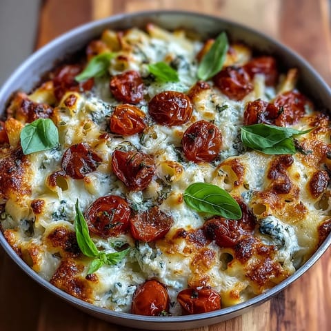 Creamy Baked Boursin Pasta dish, with blistered tomatoes and fresh basil garnish.