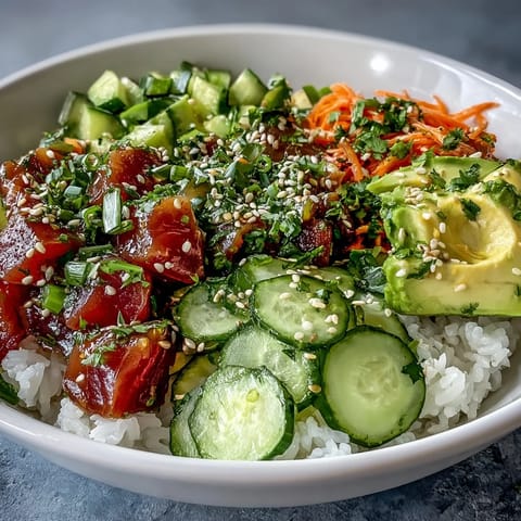 Wibrująca, przyjazna dla użytkownika miska poke z tuńczykiem z puszki, idealna na szybki lunch.