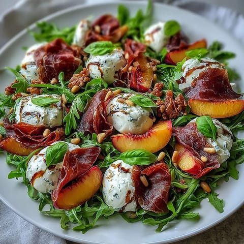 Wykwintna sałatka z brzoskwiniami, burratą i prosciutto, idealna na romantyczną kolację.