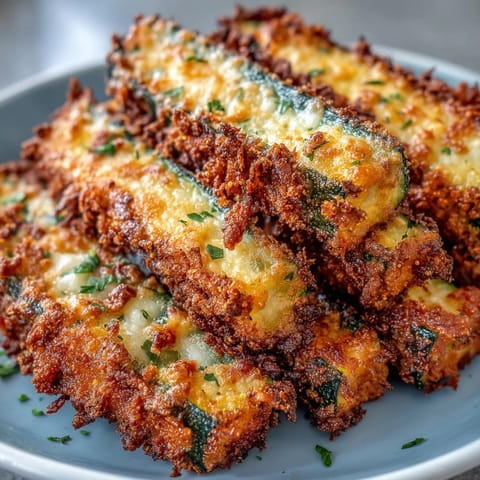 Złociste, chrupiące frytki z cukinii parmezanowej, idealne z sosem marinara.