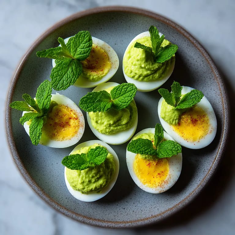 Na tle szarości, widać pięć jajek z moussem ziemniaczanym, wypełnionych mlekiem ziemniaczanym. Każda z jajek jest posypana zielonymi liśćmi, a każdy z nich ma jasnożółty świeżny jajko w środku.