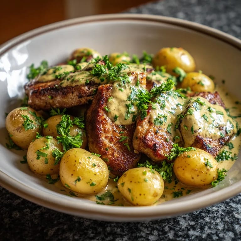 Na tle czarnej podłogi stoi biały talerz zawierający pork cutlets z mustardem i nowymi paprykami.
