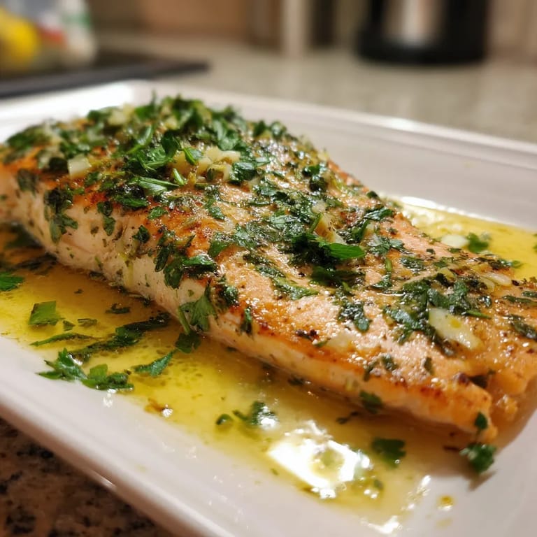 Na tle kuchennym stoi biały talerz z wyjątkowo smaczny i świeży baked trout z dodatkiem limonowego sosu.