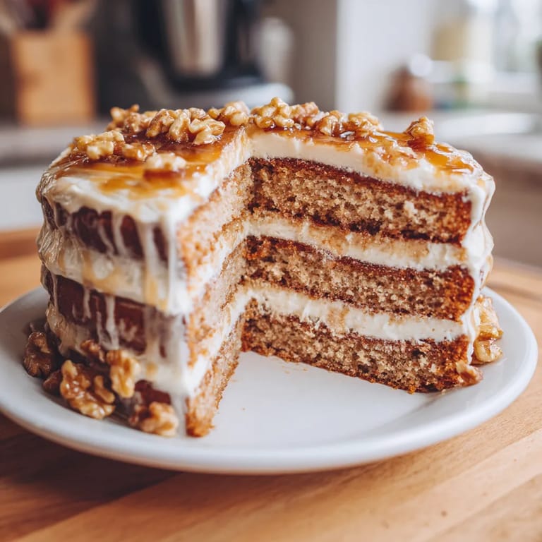 Na tabeli stoi pyszny kawałek torta z owocami, pokryty cukrem.