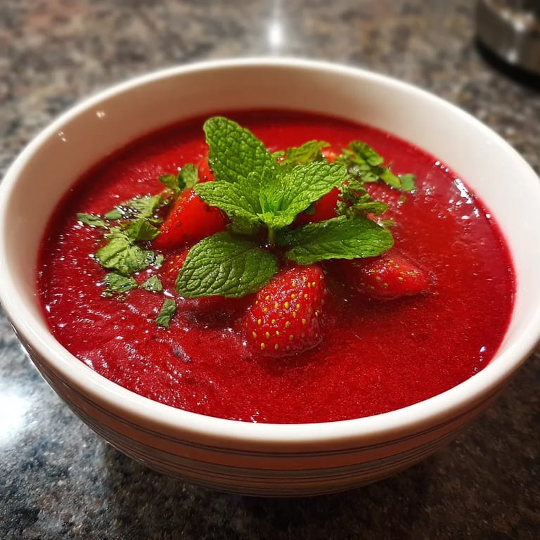 W kielichu z czerwonym sosem z kaszubskimi śliwkami, które są pokryte liśćmi menty.