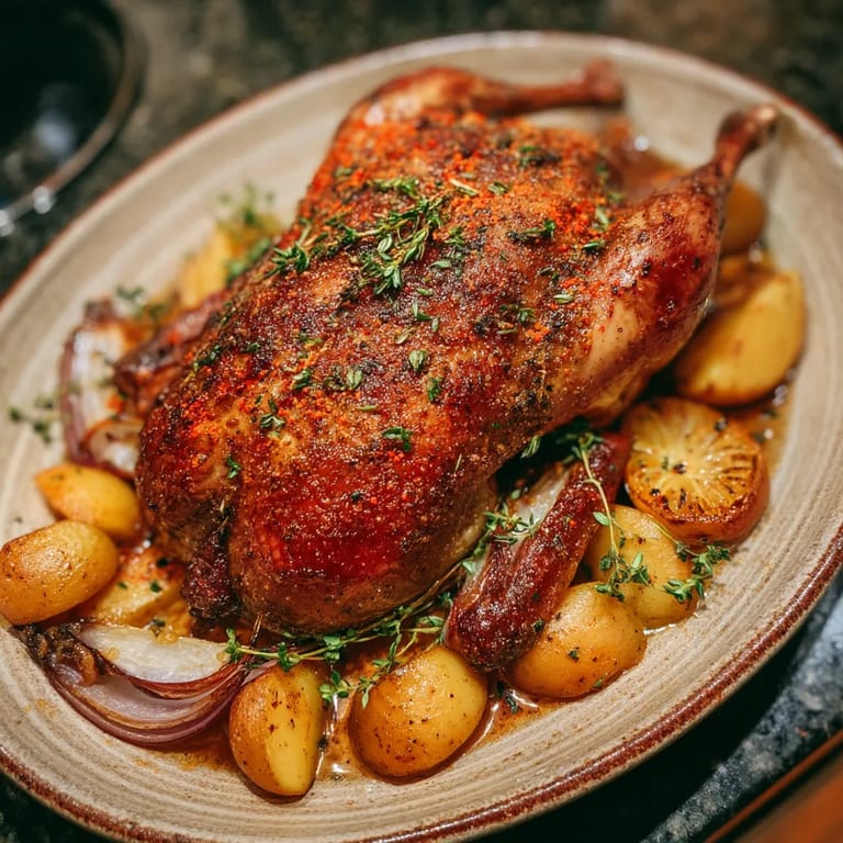 Obraz przedstawia krakow-style roast duck z apples, który jest gotowany w piekarniku.