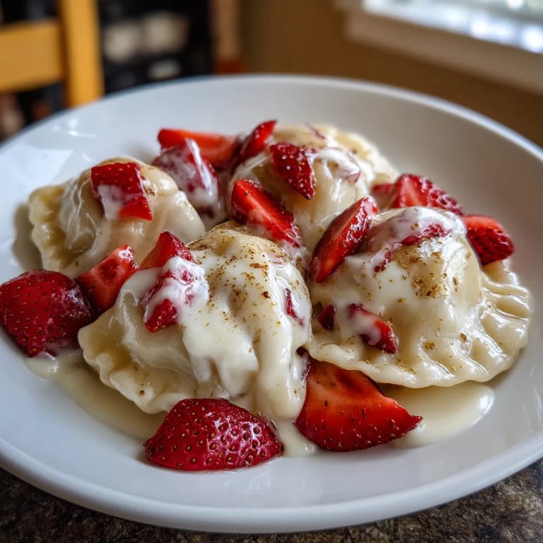 Na tle stołu, na białym talercie, stoi paczka z pierogami.