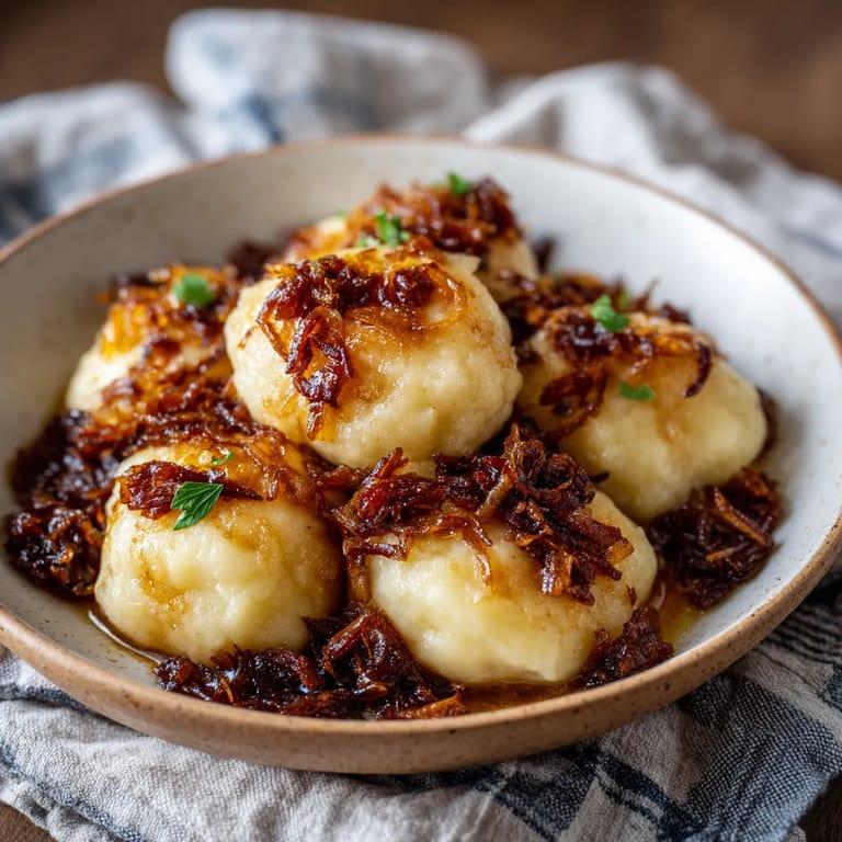 Na talerzu w misce są gotowe potato dumplings z dodatkiem pieczonej cukrowej cebuli..