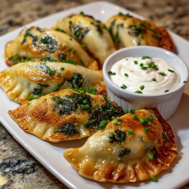 Na tle stołu, w którym znajduje się kilka pierogów, wyróżnia się jedna z nich - Spinach & Feta Pierog. Pierogi są gotowe do zjedzenia i przyciągają uwagę swoim wyglądem.