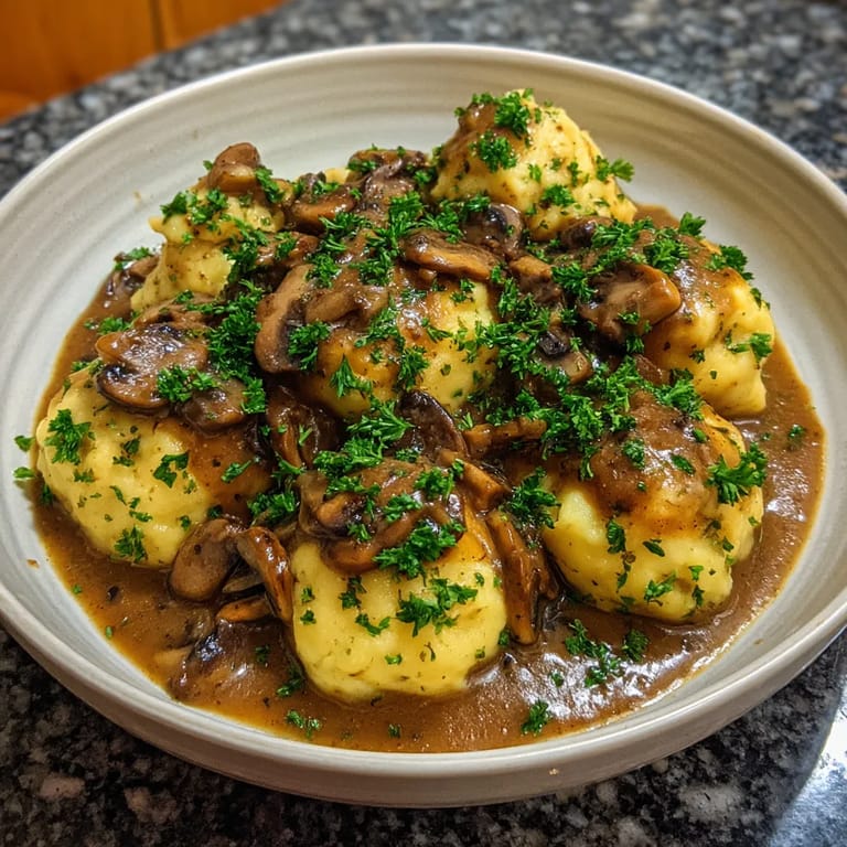 Kluski Śląskie z mushroom sauce są serwowane w misce.
