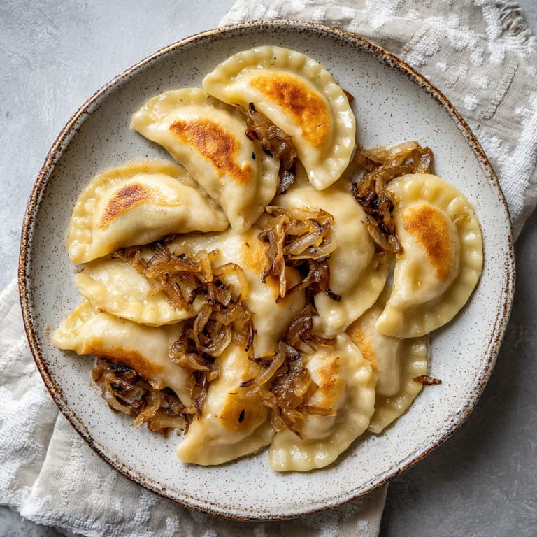 Na tle szarości, na białym tle, stoi wierzchowy, pełen, biały talerz z pierogami.