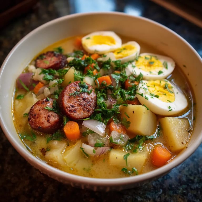 W misce z sausą i jajkiem są różne składniki, w tym wieprz, papryka, cukier, sól i pieczarki. W misce dominuje kolor żółty, a dodatkowo są tu jajka, które są w kolorze białym. W misce można zauważyć różne składniki, które tworzą ciekawy i smaczny posiłek.