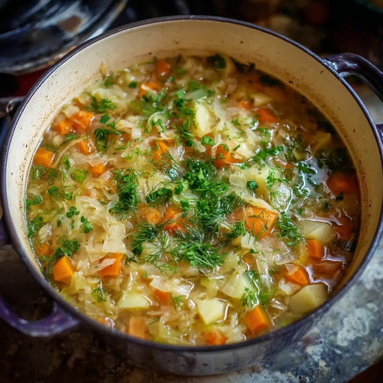 W misce zauerkrautu z dodatkiem suszonej bazylii i cukru, wypełnione ciepłym, słodkim i wonnym brodem.