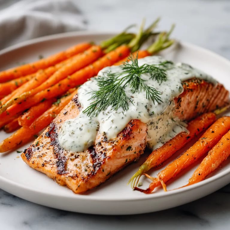 Obraz przedstawia grillowany salmon z dodatkiem sosu z bazylii i młodych papryk.