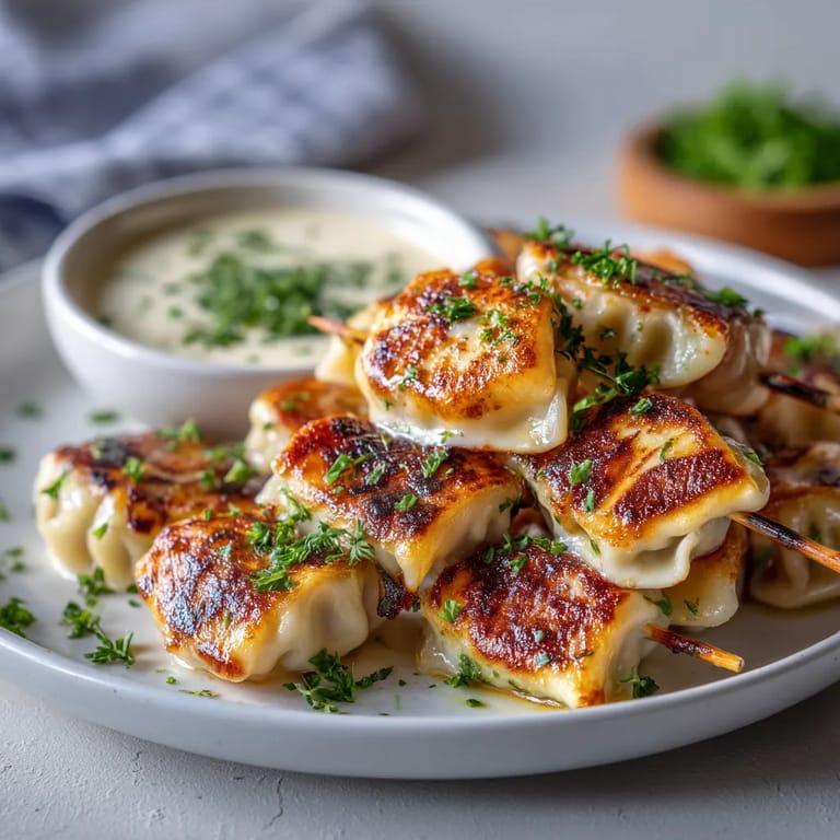 Na tle szarości, na białym talercie, stoi biały talerz z grilled pierogami na krochetach, wraz z garlickim pomidorowym sosem.